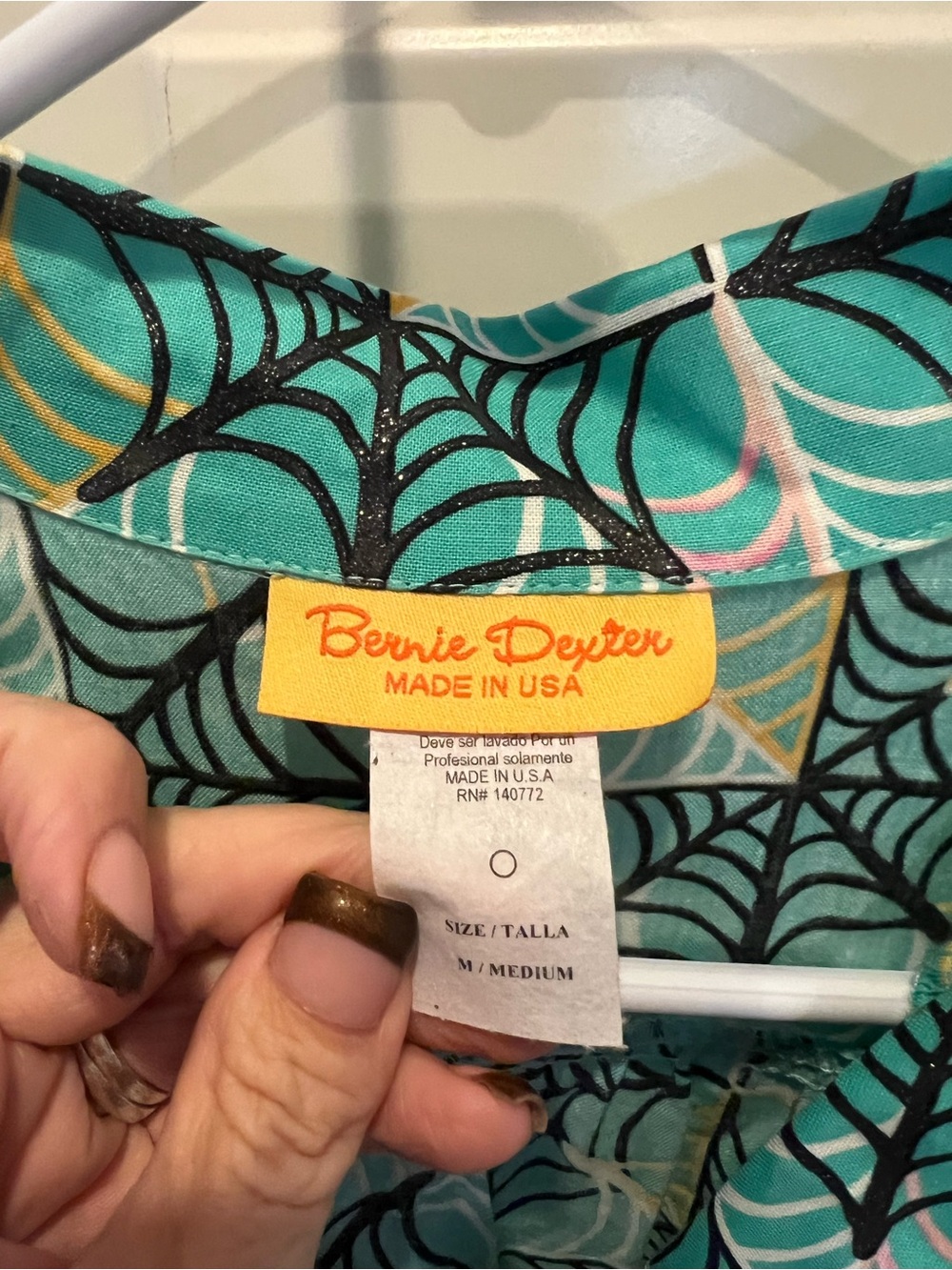 Bernie Dexter Teal Spiderweb Print Dress with Pink & Glitter Accents